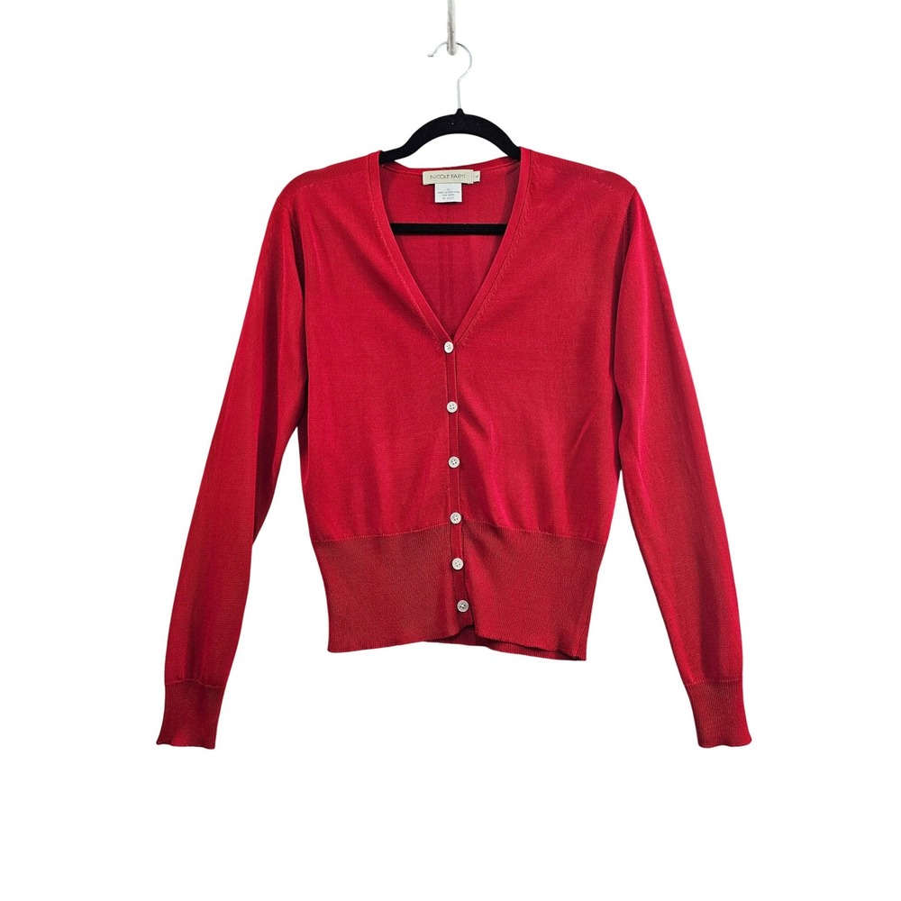 Nicole Farhi Cardigan Sweater Womens L Red Solid Rayon V-Neck Button Up Knit Top
